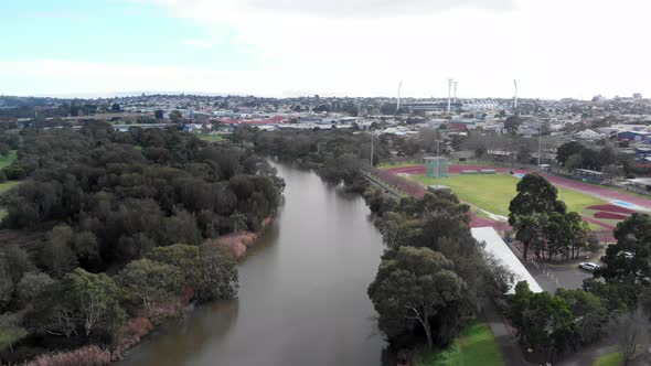 AERIAL Over Barwon River And Athletics Track And Field, Geelong Australia