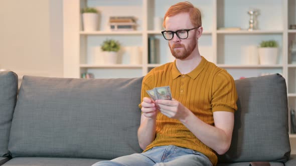 Pensive Redhead Man Sitting at Home and Counting Dollars 