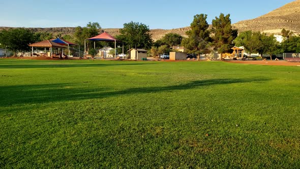 Rural Park and morning panorama of a soccer field in southwest USA