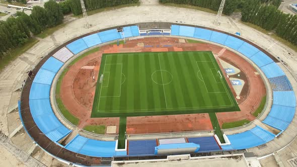 Aerial Drone View of Football Field on Opened Stadium in City