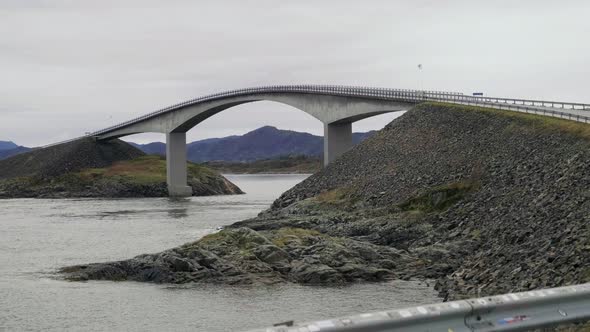 Misty And Cloudy Day At Storseisundet Bridge At Atlantic Ocean Road, Norway.
