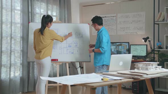 Asian Woman And Man Engineers With Blueprint On Whiteboard Discuss About Design At The Office