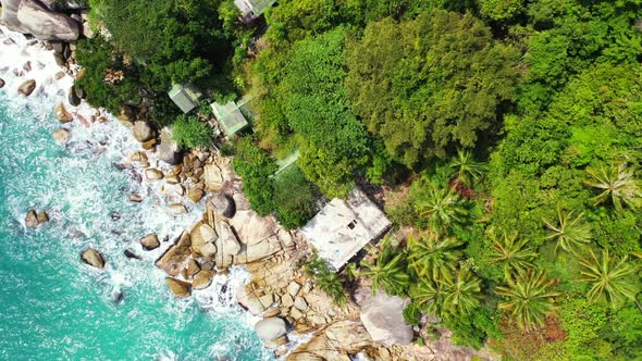 Aerial drone shot scenery of perfect shore beach journey by blue ocean with white sand background of