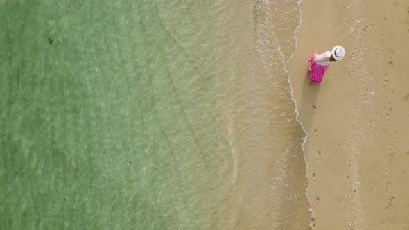 Summer Background Hawaii Nature Aerial Woman Walking By Empty Sandy Beach