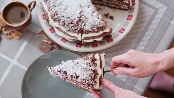 Hungry Woman Cut Out Slice From Apple Cake at Cafe