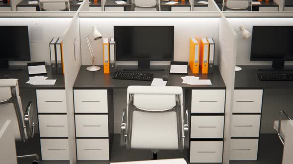 Aerial view of the corporate open room with white, empty office cubicles.