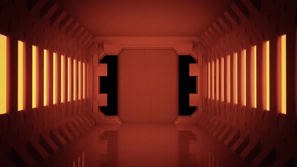 Interior of the spaceship. Futuristic corridor with the sliding door module.