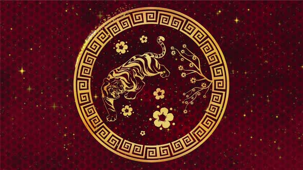 Happy Chinese New Year 2022 Zodiac Sign Tiger on Red Background with Gold Stars