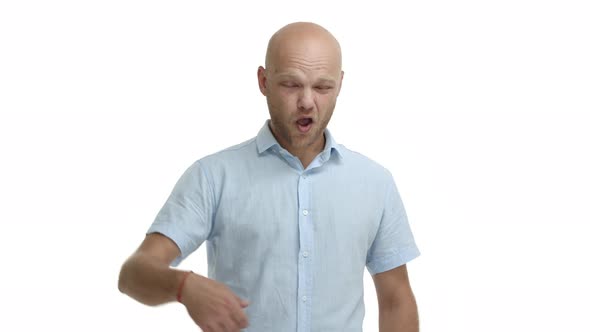 Video of Handsome Charismatic Bald Guy Wearing Blue Casual Shirt Showing Okay Sign and Agree with