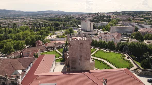 Museu da Região Flaviense and Chaves Castle garden wide aerial view