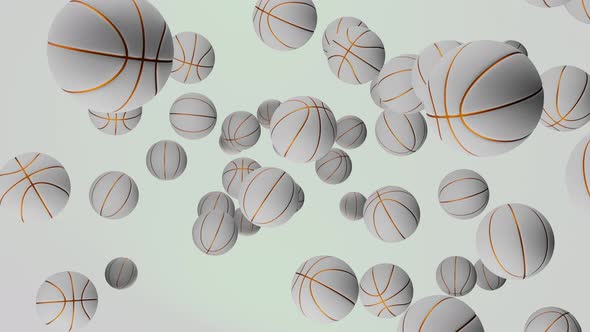 Basketball balls fly into the camera on white background.