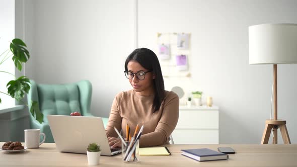 Joyful Woman Business Owner Use Laptop Smiling at Successful Result at Home Spbd