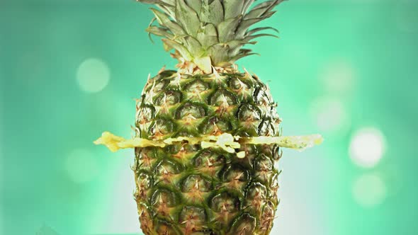 Fresh Pineapple Fruit Squirting and Burst with Juice in Slow Motion in Turquoise Blue Background