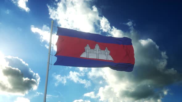 Flag of Cambodia Waving at Wind Against Beautiful Blue Sky