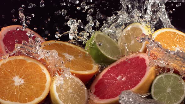 Slow Motion Shot of Citrus Fruits and Water Splashing Through Lemon Lime Grapefruit Slices