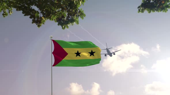 sao tome and Principe Flag With Airplane And City -3D rendering