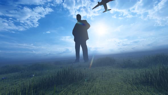 Silhouette Of A Plane Flying Over The Head Of A Successful Person