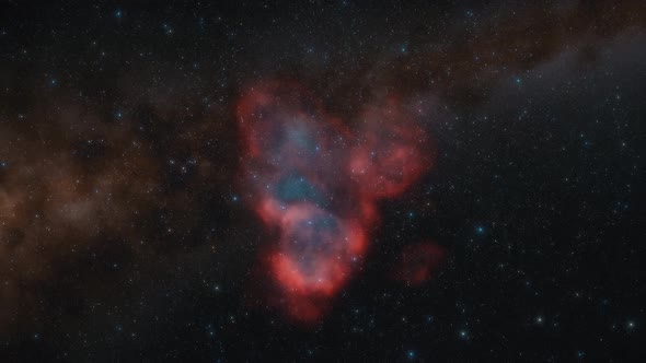 Spaceship Flies Near Red Nebula in Space