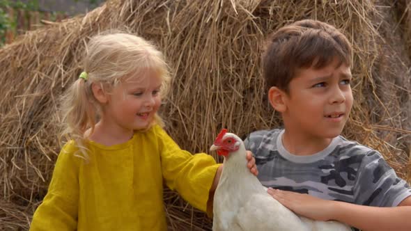 Farmer Boy and Little Girl are Sitting on Haystack and Stroking a White Chicken
