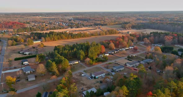 Aerial View of Autumn Day on South Carolina Small Town Boiling Spring Street Overview in Fall