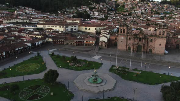 4k aerial footage at twilight of Plaza de Armas in Cusco City, Peru during Coronavirus quarantine, l