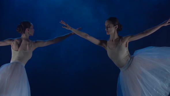 Two Ballerinas Performing Ballet. Close Up, Slow Motion.