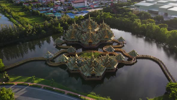 Fly Over Temple on a Lake at Sunset Ancient City Siam, Bangkok, Thailand