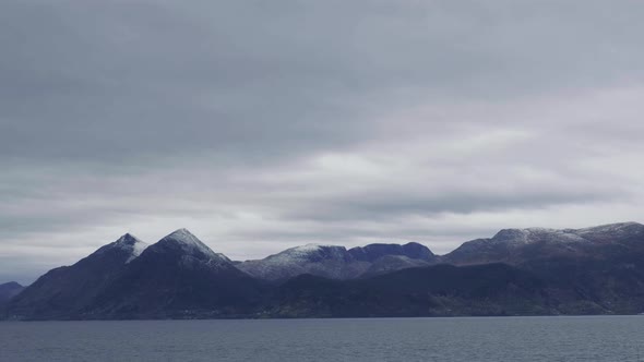 Spectacular View Of Blue Snowy Mountains Near Norwegian Fjord In Molde, Norway. - Wide shot