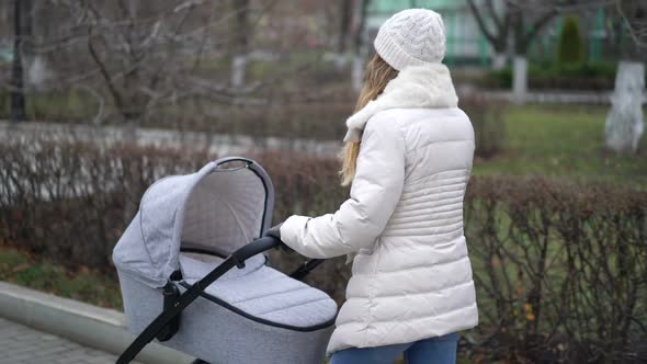 Young Mother Walking with a Child in Pram. Autumn Season