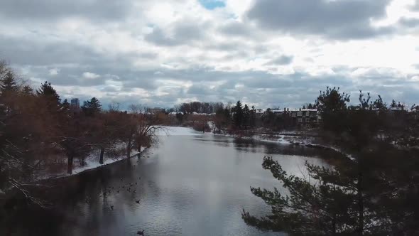 Cinematic flight through trees and over a large lake - aerial view