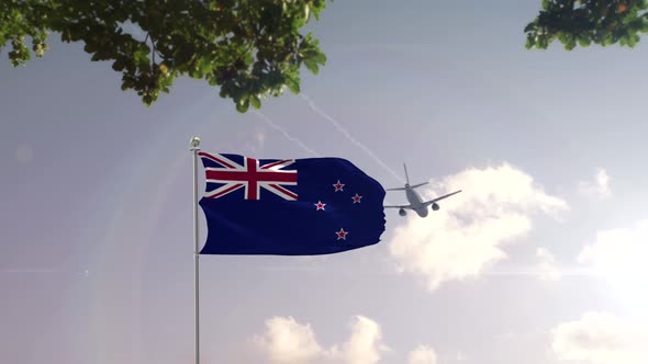 New Zealand Flag With Airplane And City -3D rendering