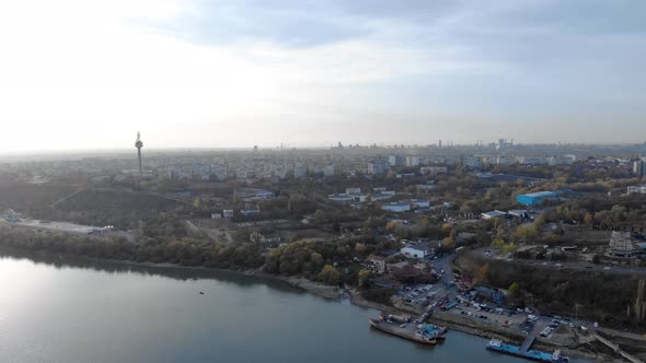 Aerial view of the Galati City with Television Tower on a Cloudy Day in Romania - drone static