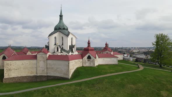 Drone view of Pilgrimage Church of Saint John of Nepomuk in Zdar nad Sazavou, Czech republic. World