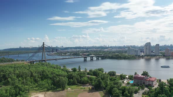 Aerial View of North Bridge in Kyiv Ukraine at Sunny Summer Day