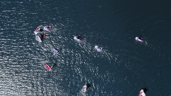 Top down view sailing small boats on the lake