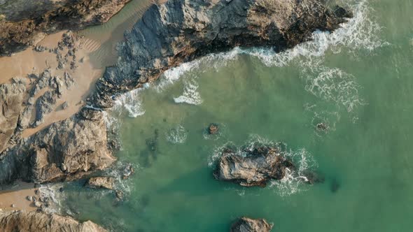 Aerial view of Poly Joke Beach, Polperro, Cornwall, United Kingdom.