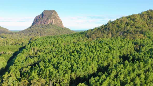 Aerial view of Mt Tunbubudla, Glass House Mountains, Queensland, Australia.