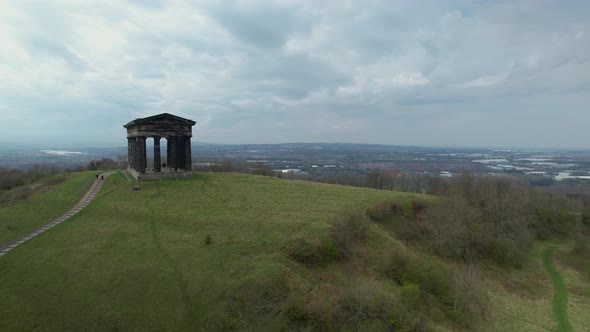 Aerial wide cinematic rotating shot of Penshaw Monument in Sunderland, North East, UK.