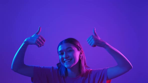 Like Gesture Cool Offer Woman Neon Light Thumbs Up