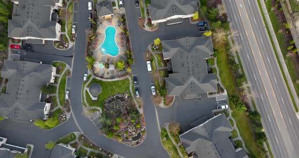 Rotating aerial of a purpose built community of townhomes.