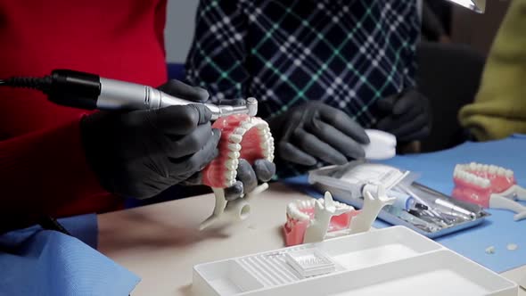 Dentist in Black Gloves Close-up of on a Mock-up of a Skeleton of Teeth Using a Drill Machine. the