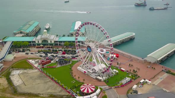 Aerial view of the Hong Kong Observation Wheel and amusement park for kids in holiday