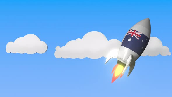 Flag of Australia on Rocket Flying High in the Sky