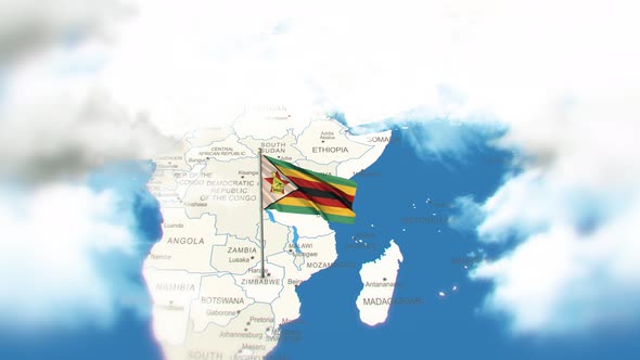 Zimbabwe Map And Flag With Clouds