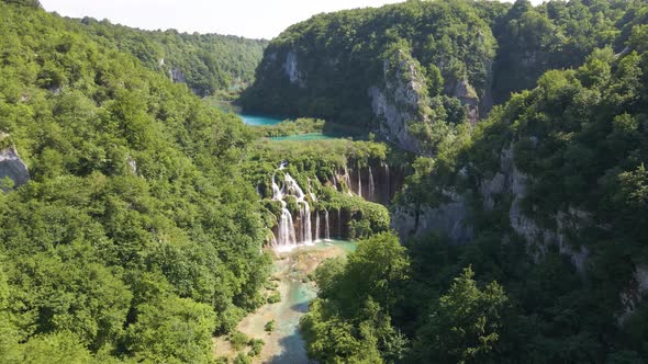 Top view of the beautiful Plitvice Lakes National Park with many waterfalls. Waterfall cascade in Cr