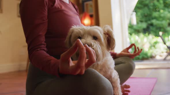 Caucasian woman practicing yoga with her pet dog at home