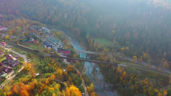 Aerial Drone Video Flying Over Railway Bridge in Carpathians Mountains, Yaremche, Ukraine