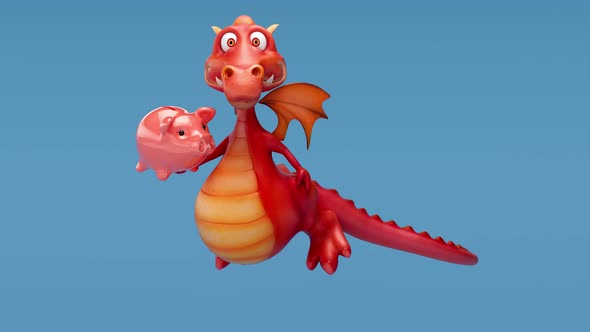 4K Fun 3D cartoon animation of a dragon with a piggy bank