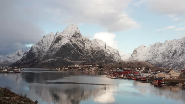 Drone Over Calm Waters Of Reine Fishing Village