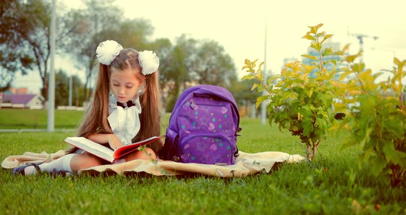 Beautiful Girl Sitting in the Park on the Grass and Reading a Book